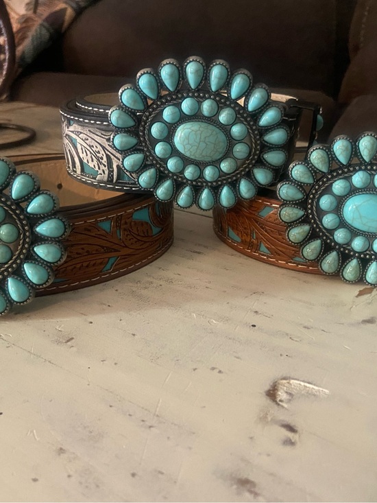 None Accessories - Turquoise Concho Leather Belt - Women's Western Style